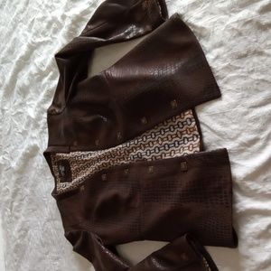 Anthracite Faux Leather Open Front Collarlless Jacket